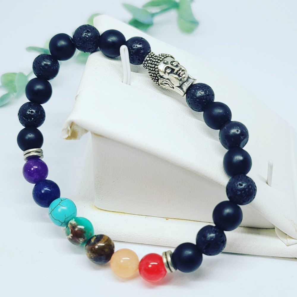Black Agate, Lava Stone, 7 Chakra Crystals,  Buddha charm Unisex bracelet